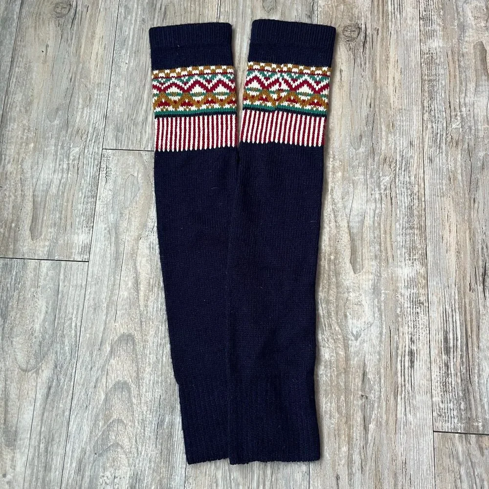 Vintage Arm Warmers Knit Nordic Navy Red Winter Christmas Holiday